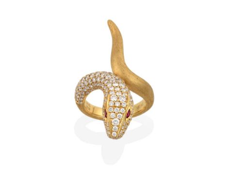 A Ruby and Diamond Snake Ring, the head pavé set with round brilliant cut diamonds and round cut ruby eyes, to a yellow textu