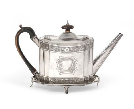 A George III Silver Teapot and Stand, by Charles Aldridge, London, 1790, each shaped oblong, the stand on four fluted panel f