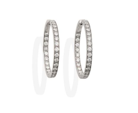 A Pair of 18 Carat White Gold Diamond Hoop Earrings, round brilliant cut diamonds set to the front and the inner back of the 