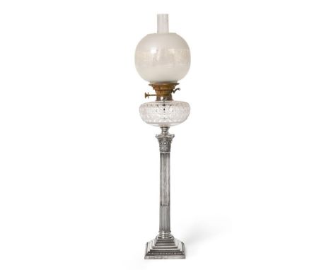 An Edward VII Silver Oil-Lamp, by Mappin Brothers, Sheffield, 1901, on stepped square base with beaded border, the base engra