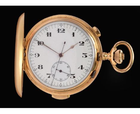 An 18 Carat Gold Full Hunter Quarter Repeater Chronograph Pocket Watch, signed Le Phare, circa 1895, lever column wheel chron