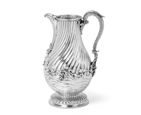 A George III Silver Wine-Jug, by Thomas Heming, London, 1765, pear-shaped and on spiral-fluted conforming foot, the lower bod