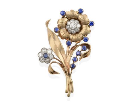 A Sapphire and Diamond Floral Brooch, circa 1940s, one flower formed of a round cut sapphire within a border of old cut diamo