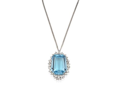 An Aquamarine and Diamond Cluster Pendant on Chain, the fancy cut aquamarine within a border of marquise and round brilliant 