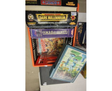 Six boxed Games Workshop and fantasy games to include Warhammer Armies Chaos Supplement, Warhammer 40,000 Dark Millennium, Ga