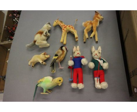Nine Steiff animals in gd condition to include kangaroo with plastic baby, giraffe, Bambi and a wild boar, dates range from 1