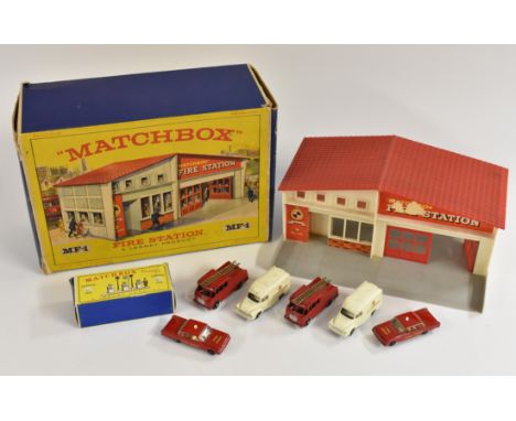 Matchbox Toys - a 1960s MF-1 Fire Station, red roof, with No0 c Merryweather Marquis Fire engine x2, No14am Ambulance x2, No5