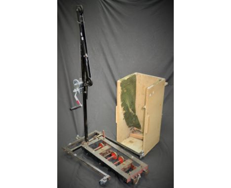 Modellers Equipment - a Model Steam Locomotive hand crank lifting crane,  part built 5 inch gauge tender chassis, wooden crat