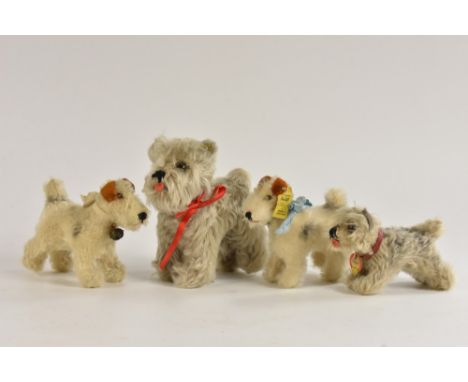 Steiff Dogs- a pair of vintage 1950s fox Terriers, standing, one with button anf yellow tag No 4220/10, one missing tags, 10c