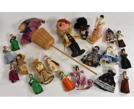 Dolls - a pop up painted ball head and wicker basket doll;  others Artist, peg dolls, cream churn doll, continental and Germa