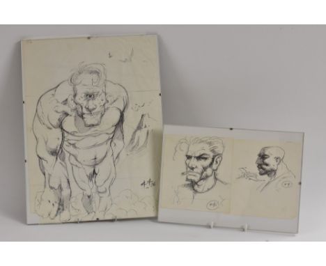 Greg Staples (Comic Artist), (Bn 1970) Cyclops Walking, ink sketch, 40cm x 30cm;  others Star Wars, Han Solo head and shoulde