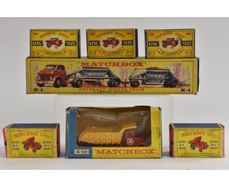 Matchbox Toys - King size models, K-2 Muir-Hill Dumper x5, K-4 Fruehauf Hopper Land Train, K-19 Scammell Tipper Truck, all bo