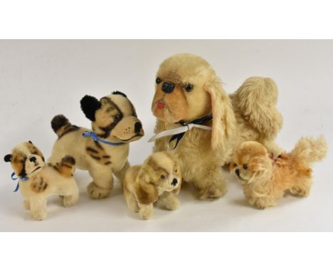 Stuffed Toys - a small Bull Dog possibly Steiff, 11.5cm high; another larger 16.5cm high;  others puppy's etc, all missing bu