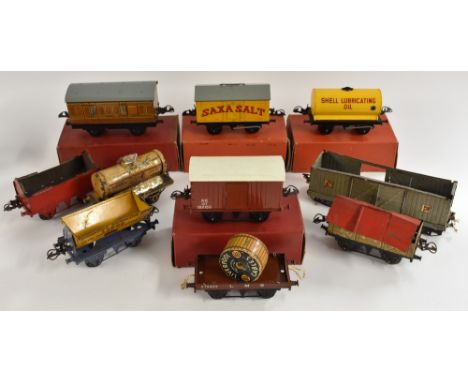 Hornby O Gauge - Goods and Passenger Rolling Stock inc  Brake van, Shell Lubricating Oil Tanker;  Saxa Salt wagon, No1 Good w