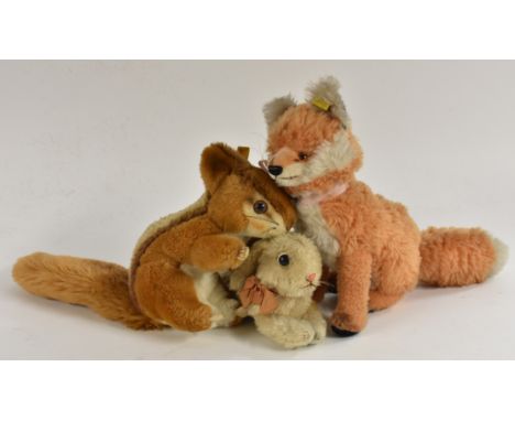 Steiff Animals - Seated Fox Cub 4900/22, button and tag, 24cm high;  others Rabbit 2312/00, tag and button, 21cm long; Chipmu