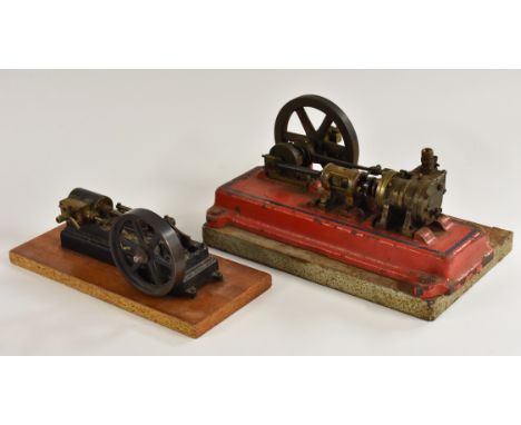 Live Steam - a Stewart Victoria model piston engine, mounted on plinth; another similar larger, unnamed (2)