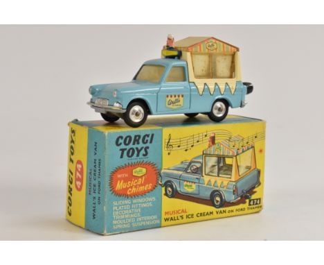 Corgi Toys 474 Musical Walls Ice Cream Van on Ford Thames, blue/cream body, spun wheel hubs working musical chimes illustrate