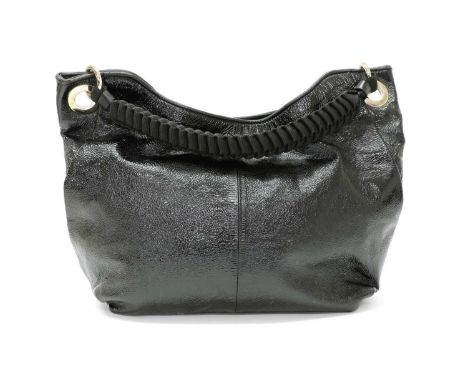 A Giorgio Armani black patent leather slouch shoulder bag,silver-tone hardware, cord handle, magnetic snap closure opening to