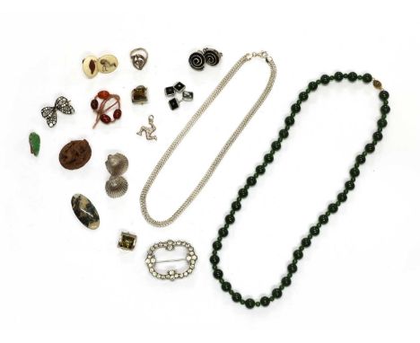 A quantity of costume jewellery, to include a silver treble clef ring, a pair of silver clarified amber clip earrings, a pair