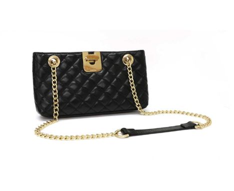 A Jaeger black leather shoulder bag, with crossed padded diamond design, chain and leather strap, gold tone hardware, 28cm wi