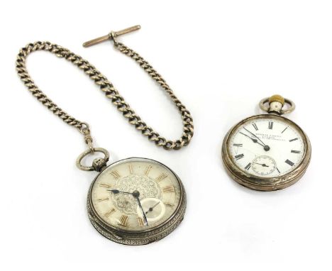 A Victorian silver open faced key wound pocket watch, Chester 1880, with a sterling silver graduated Albert chain, together w