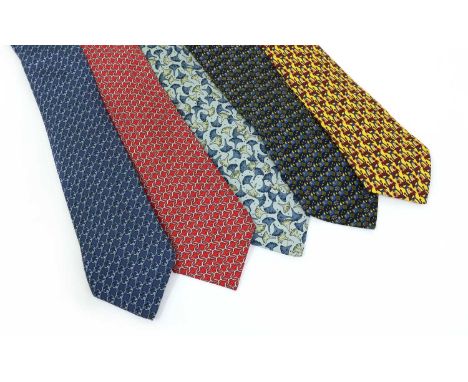 Five Hermes ties, to include a blue chain link, red chain link, blue and green with yellow flower, pale blue shell and yellow