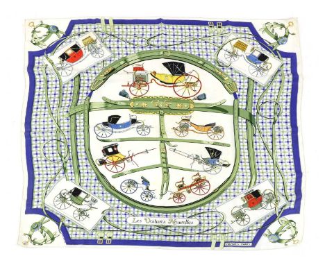 A Hermes scarf, Les Voitures ouvelles, by Jacques Eudel, 1961, cream ground with blue and green chequered, transportation des