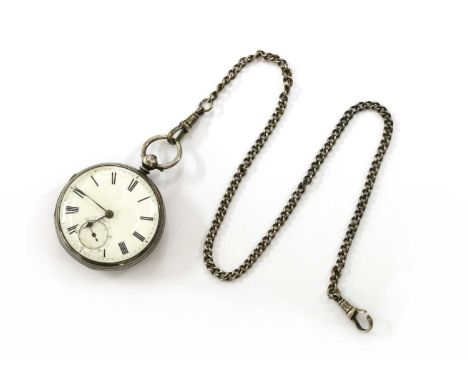 A sterling silver open-faced key wound pocket watch, 45mm diameter, with a white enamel dial, black Roman numerals, subsidiar