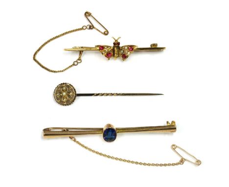 A ruby, paste and split pearl butterfly bar brooch, tested as approximately 9ct gold with metal pin and safety chain, a gold 