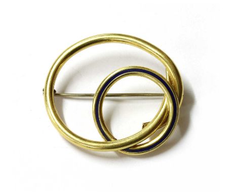 An Italian gold enamel hollow brooch, designed as two interlinking hoops, one with blue enamel, to brooch pin and roller catc