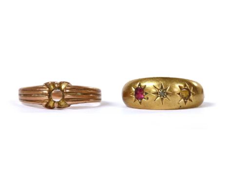 An 18ct gold diamond and ruby ring, with a rose cut diamond and oval mixed cut ruby, one ruby deficient, star set to the slig