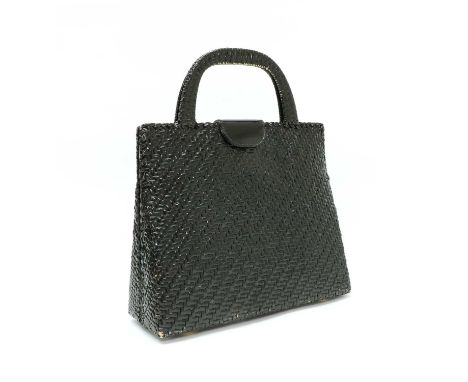 A Lulu Guinness black plastic weave-effect shopper,dual flat handles, gold-tone hardware, front flap with 'mirror' motif, mag
