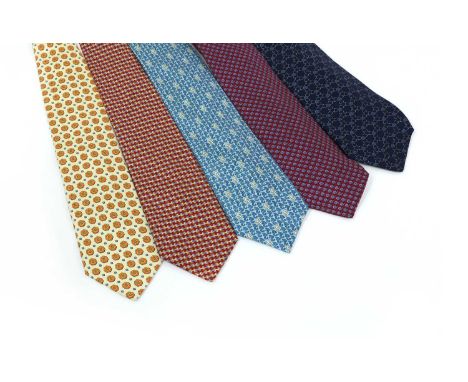 Four Hermes ties to include a mid blue chain link example, red ground with snails, pale blue with sea horse, red, orange, blu
