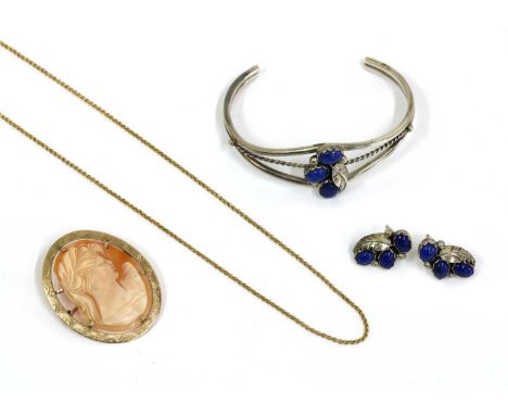 A small quantity of jewellery, to include a silver lapis lazuli bangle and earrings suite, tested as approximately sterling s