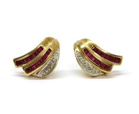 A pair of 9ct gold ruby and diamond spray earrings, with post and butterfly fittings, Sheffield, 3.70g (2)Condition report: S