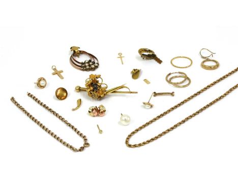 A quantity of gold jewellery, to include a section of rope link chain, a pair of hollow hoop earrings, a section of belcher l