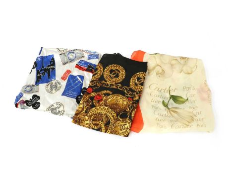 A Chanel black, gold and red scarf, a Christian Dior scarf and a Chanel pocket squareCondition report: Chanel in good overall