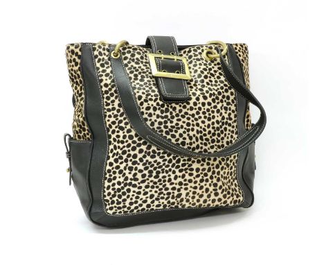 A Jaeger animal print and leather tote, magnetic closure to front, brass-tone hardware, dual flat handles, opening to interio