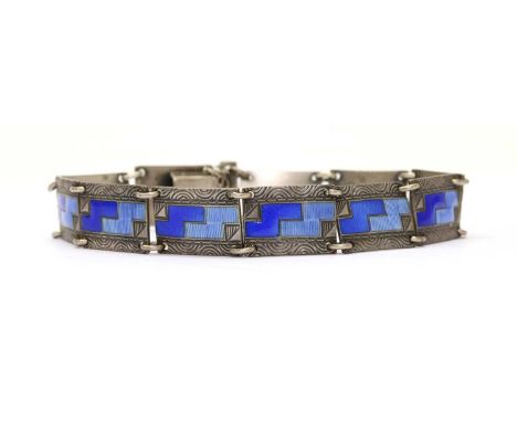 A Norwegian silver enamel bracelet, by Kristian M. Hestenes, rectangular panel links with two tone blue enamel to concealed b