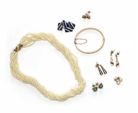 A quantity of jewellery, to include an eight row cultured freshwater pearl torsade necklace with gold fluted clasp, tested as