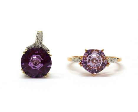 A 9ct gold pentagonal fantasy cut amethyst and diamond ring, Birmingham 2018, together with a similar 9ct gold round amethyst