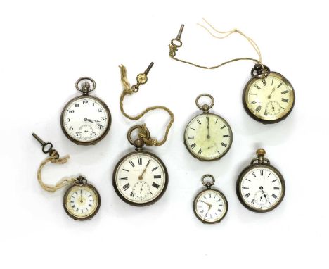 A quantity of silver pocket and fob watches, to include three silver key wound open-faced pocket watches, a sterling silver p