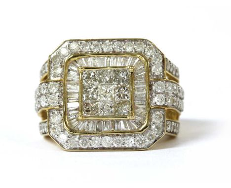 A 9ct gold diamond cluster ring, with a central square cluster of nine princess cut diamonds, to surround of baguette cut dia