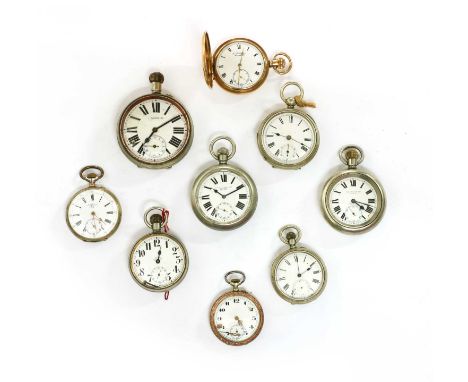 A quantity of metal pocket watches, to include a rolled gold side wind hunter pocket watch, the dial marked A. Goldman Manche