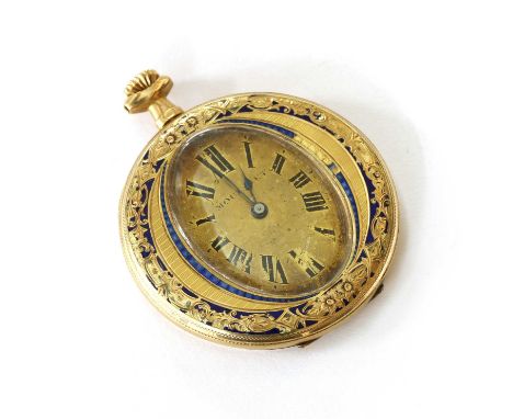 A Continental gold enamel Moulinet top wind open-faced pocket watch, 44mm diameter, with an oval gilt dial, black Roman numer