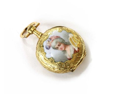 A Continental gold pin set enamel fob watch, 23mm diameter with a white enamel dial and blue Roman numerals, with enamel port