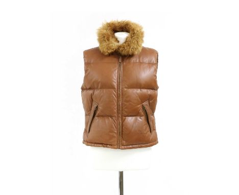 A Ralph Lauren Gilet, tan shell with fur collar, two front zip pockets, size LCondition report: marks to the exterior, there 