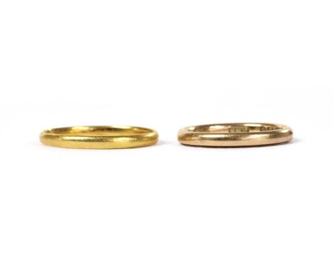 Two gold wedding rings, to include a 22ct gold 'D' section wedding ring, London 1939, 1.83g, together with a 9ct gold 'D' sec