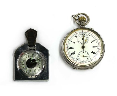 A sterling silver chronograph open-faced pocket watch, 50mm diameter with a white dial, subsidiary dials and engraved case ba