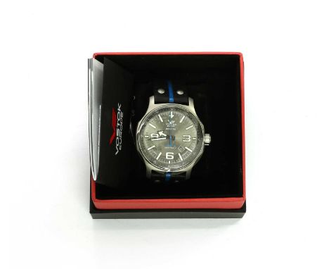 A gentlemen's stainless steel Vostok 'Expedition North Pole' strap watch, model no. NH35-5955195, 47mm diameter with a silver